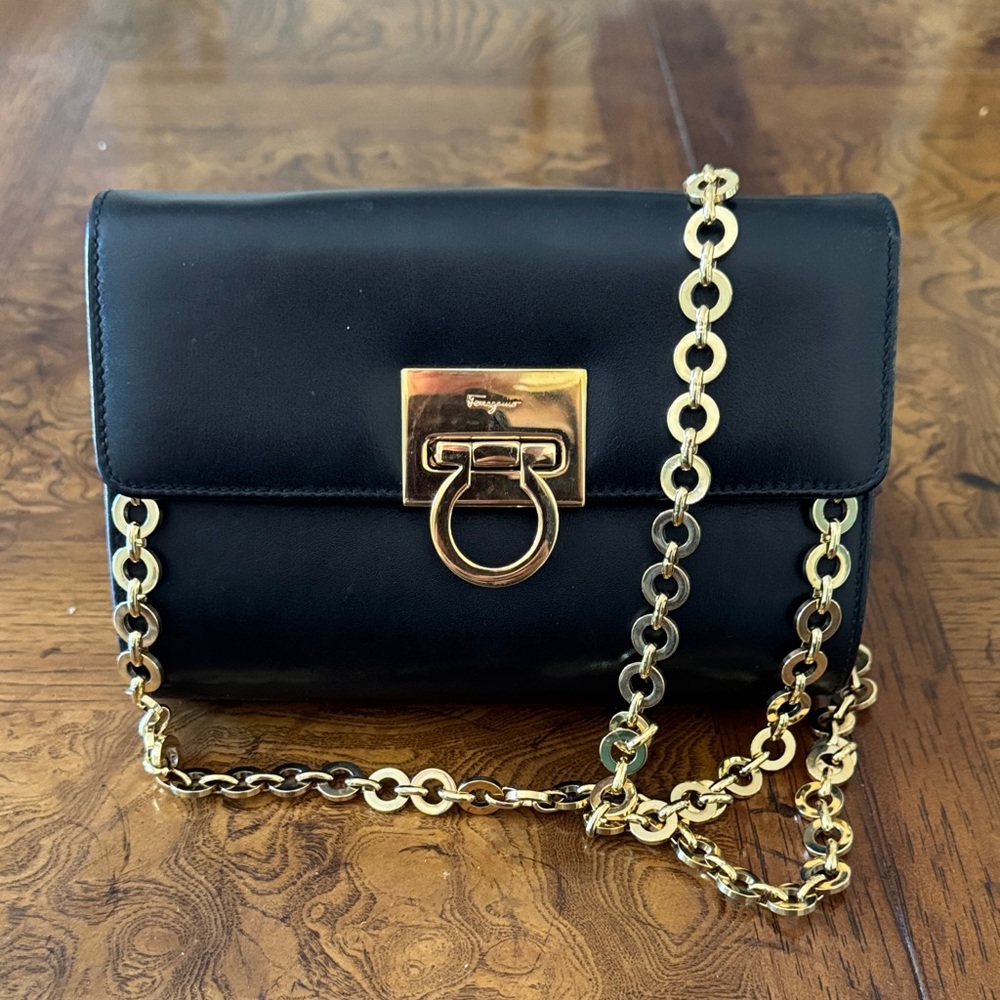 Salvatore Ferragamo Gancini Black Leather Gold Chain Clutch Crossbody Bag